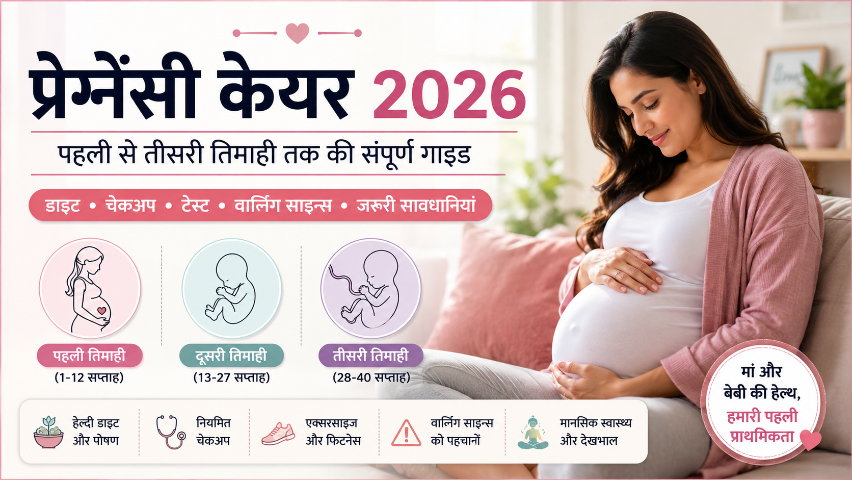 प्रेग्नेंसी केयर 2026: पहली से तीसरी तिमाही तक की संपूर्ण गाइड (डाइट, चेकअप, वार्निंग साइन्स सहित)